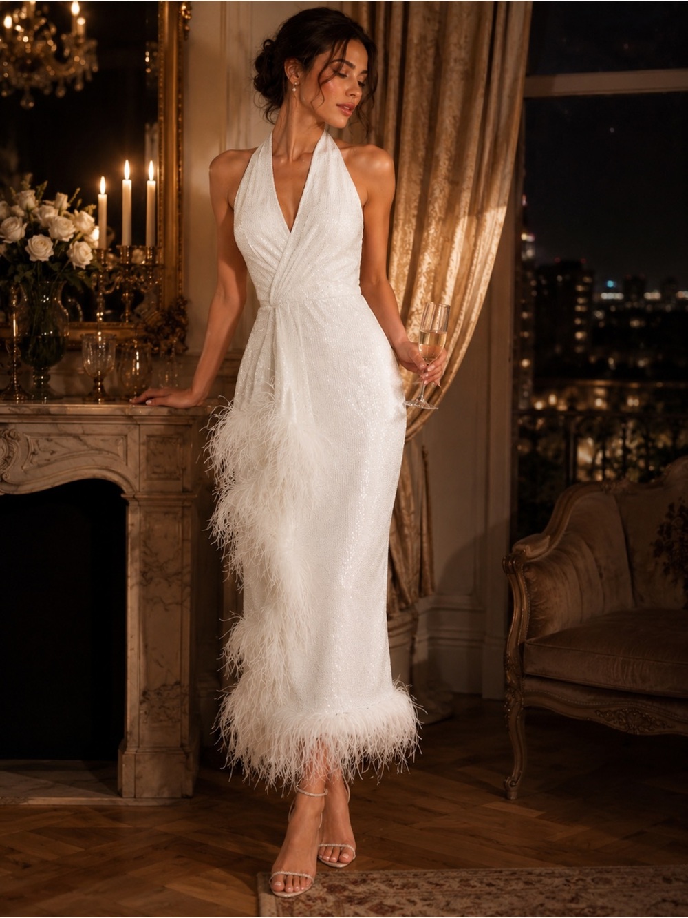 Nocturne Sequin Feather Halter Midi Dress Ecru Ivory White Size 42 N23YN2235